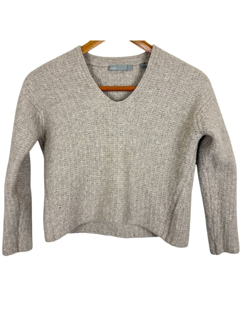 Vince Womens Cropped Cashmere Blend V-Neck Sweater Medium Beige Chunky Textured